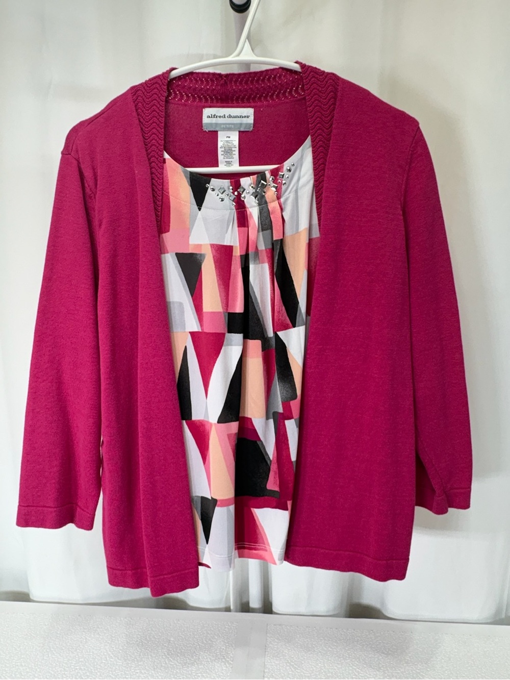 Alfred Dunner Women's Pink Open-Front Layered Blouse with Geometric Print 4203